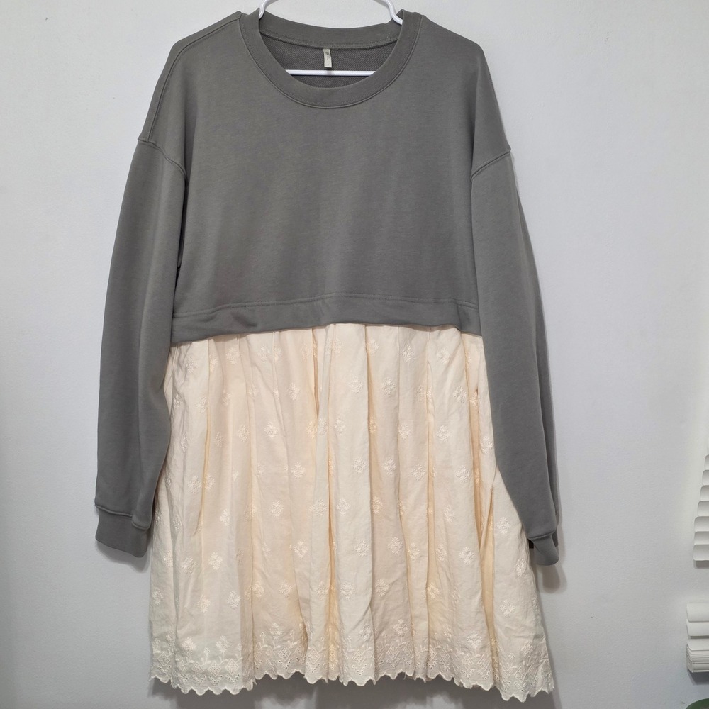 Rylee + Cru Sweatshirt Dress Women Large Olive Cream Eyelet Boho Mixed Media